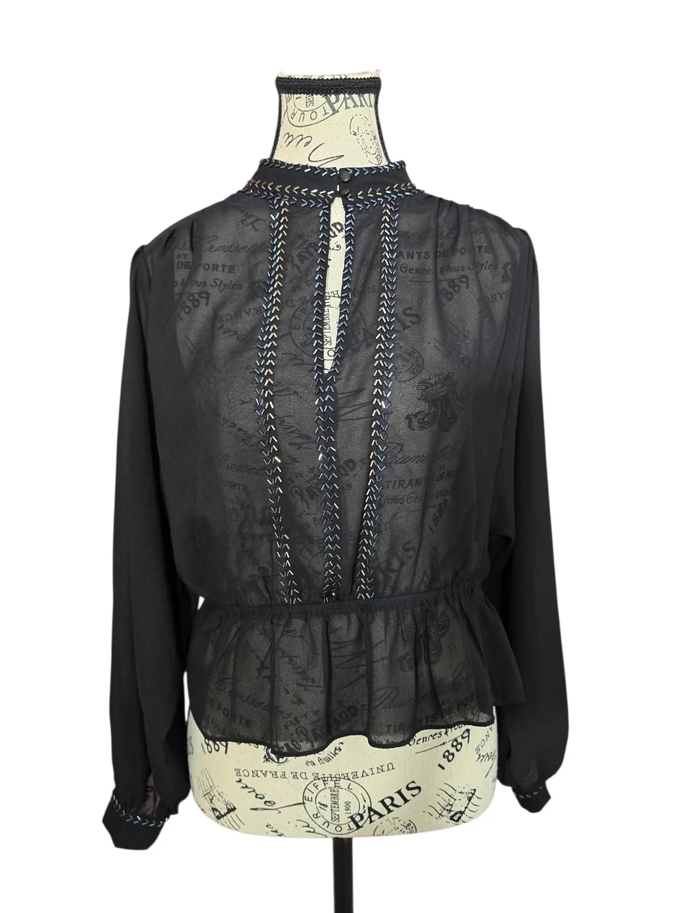 Free People Navy Blue Sheer Peplum Beaded Long-sleeve Blouse XS
